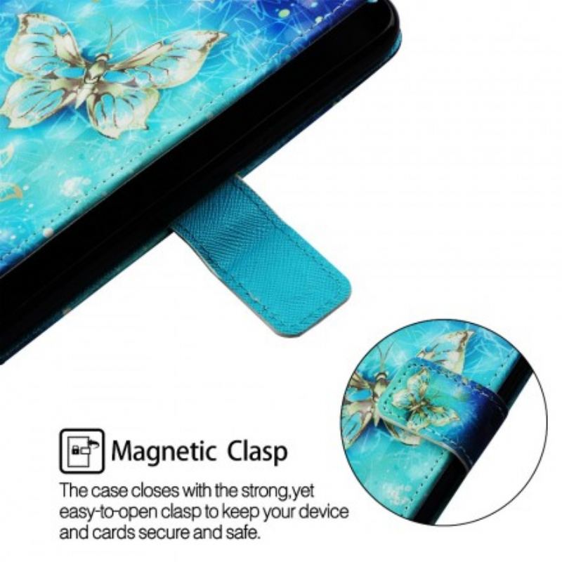 Flip Cover Samsung Galaxy A30 Med Snor Gyldne Sommerfugle Med Rem
