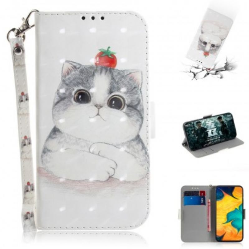Læder Cover Samsung Galaxy A30 Med Snor Tomat På Katten Med En Rem