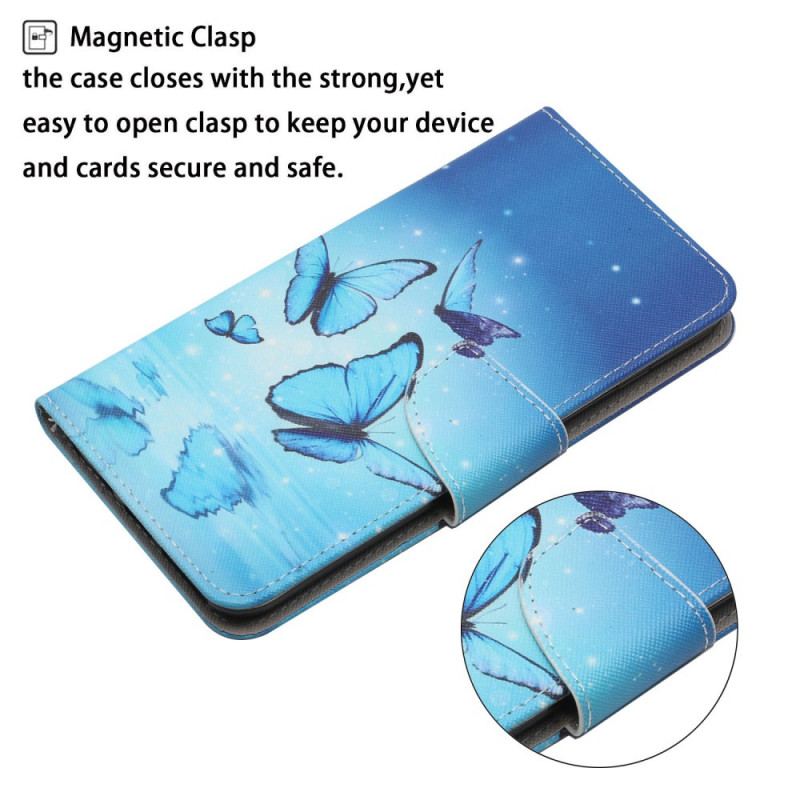 Flip Cover Samsung Galaxy S22 Ultra 5G Blå Sommerfugle