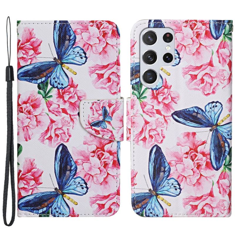 Flip Cover Samsung Galaxy S22 Ultra 5G Butterflies Floral Lanyard