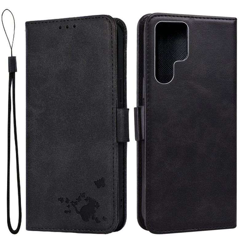 Flip Cover Samsung Galaxy S22 Ultra 5G Kat Og Sommerfugle