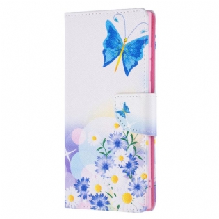 Flip Cover Samsung Galaxy S22 Ultra 5G Malede Sommerfugle Og Blomster