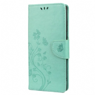 Flip Cover Samsung Galaxy S22 Ultra 5G Sommerfugle Og Blomster Med Snor