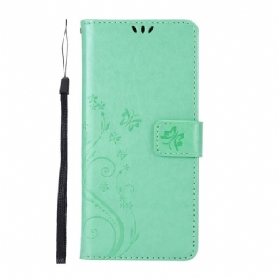 Læder Cover Samsung Galaxy M51 Med Snor Thong Sommerfugle Og Blomster
