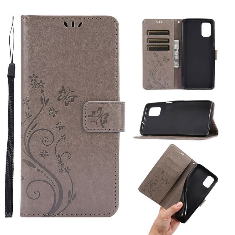 Læder Cover Samsung Galaxy M51 Med Snor Thong Sommerfugle Og Blomster