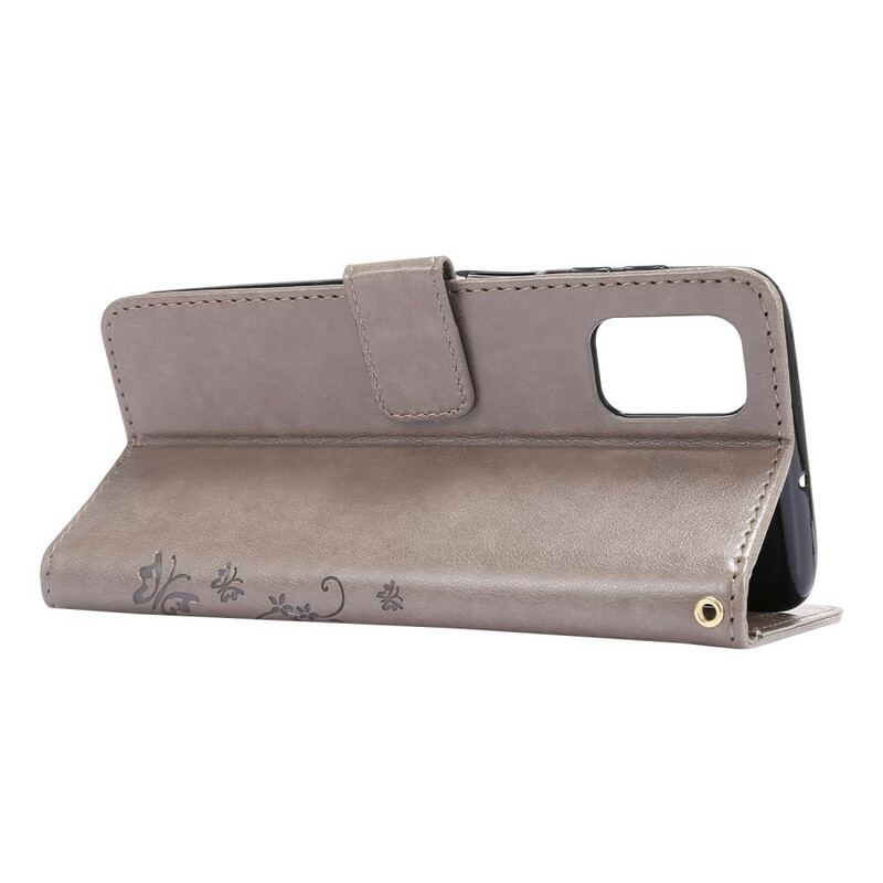 Læder Cover Samsung Galaxy M51 Med Snor Thong Sommerfugle Og Blomster