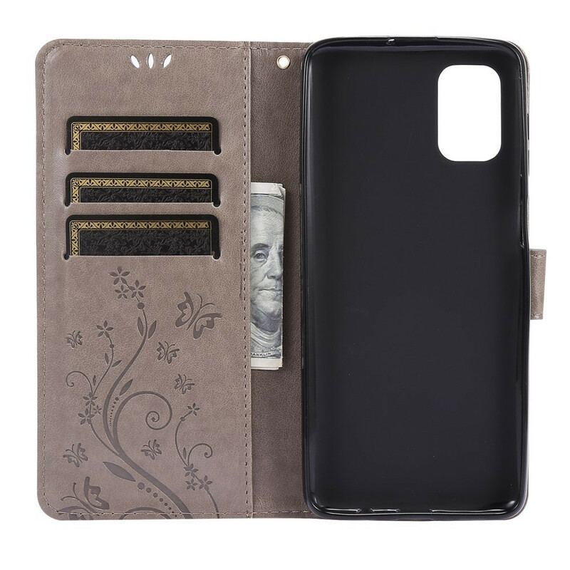 Læder Cover Samsung Galaxy M51 Med Snor Thong Sommerfugle Og Blomster