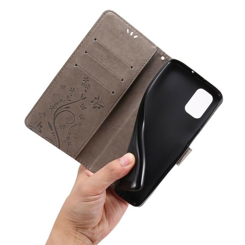 Læder Cover Samsung Galaxy M51 Med Snor Thong Sommerfugle Og Blomster