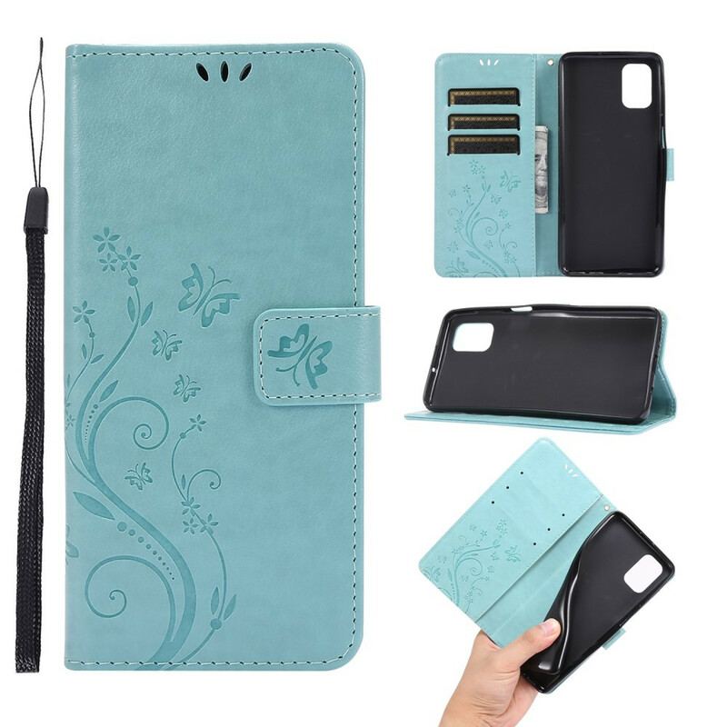 Læder Cover Samsung Galaxy M51 Med Snor Thong Sommerfugle Og Blomster