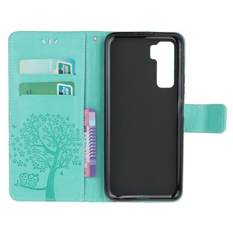 Flip Cover Huawei P40 Lite 5G Med Snor Thong Træ Og Ugler