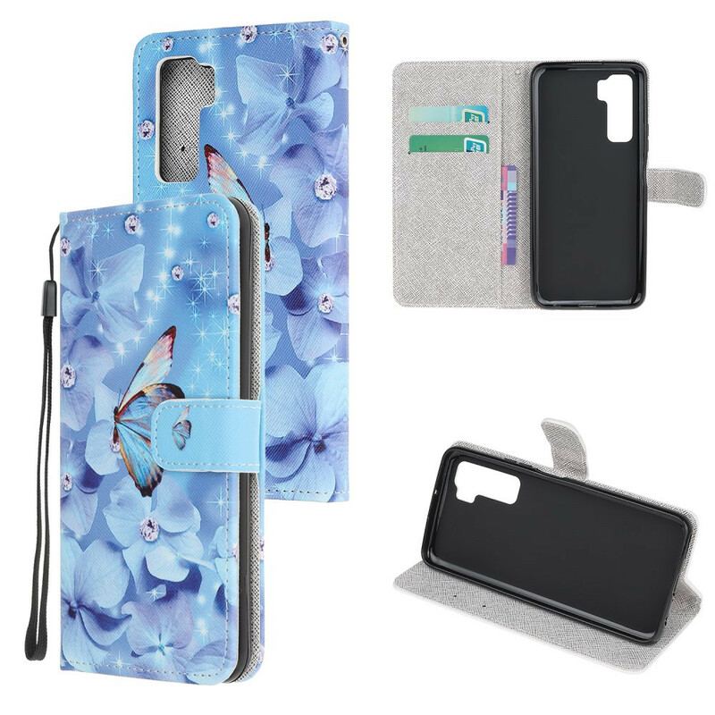 Læder Cover Huawei P40 Lite 5G Med Snor Strappy Diamond Sommerfugle