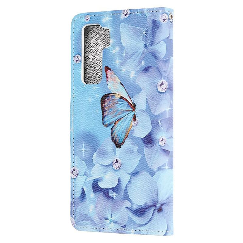Læder Cover Huawei P40 Lite 5G Med Snor Strappy Diamond Sommerfugle