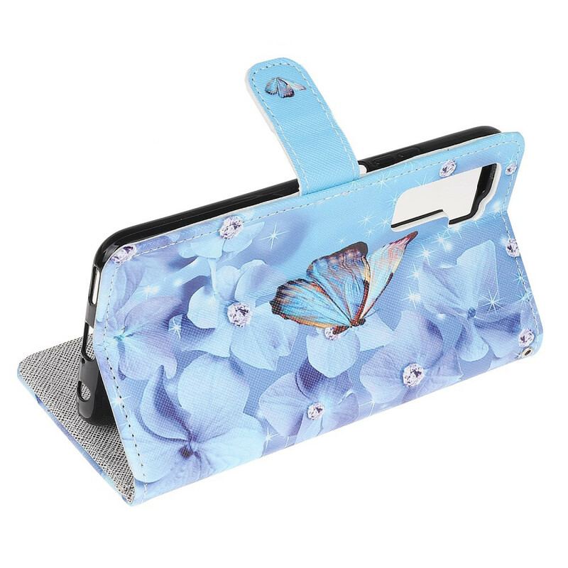 Læder Cover Huawei P40 Lite 5G Med Snor Strappy Diamond Sommerfugle
