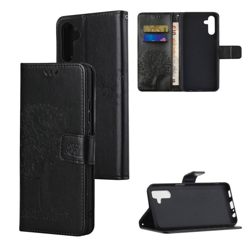 Flip Cover Samsung Galaxy A13 5G / A04s Med Snor Thong Træ Og Ugler