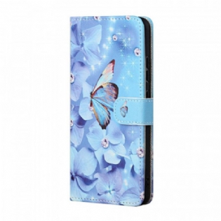 Læder Cover Samsung Galaxy A13 5G / A04s Med Snor Strappy Diamond Sommerfugle