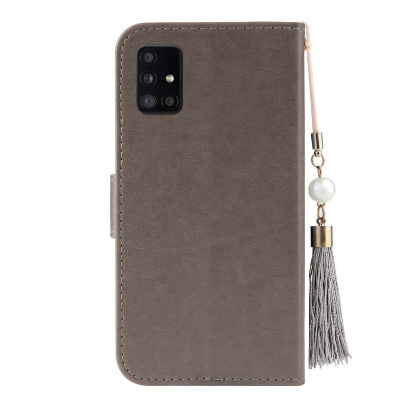 Flip Cover Samsung Galaxy A51 Med Snor Træ Og Kat Med Perle På Snor