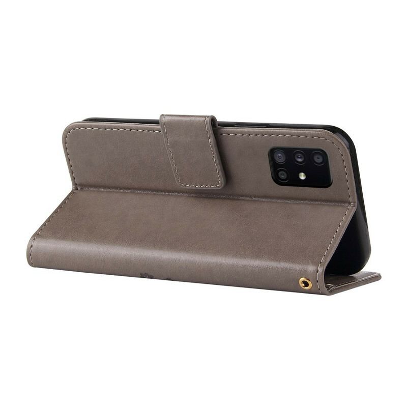 Flip Cover Samsung Galaxy A51 Med Snor Træ Og Kat Med Perle På Snor