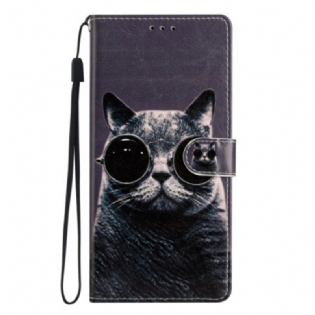 Læder Cover Google Pixel 7A Med Snor Strappy Cat Briller